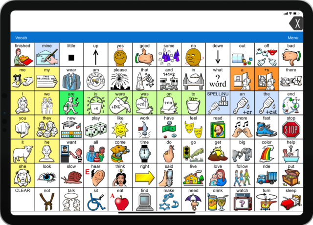 An iPad screen displaying a grid with symbols and text. The app is LAMP Words for Life.