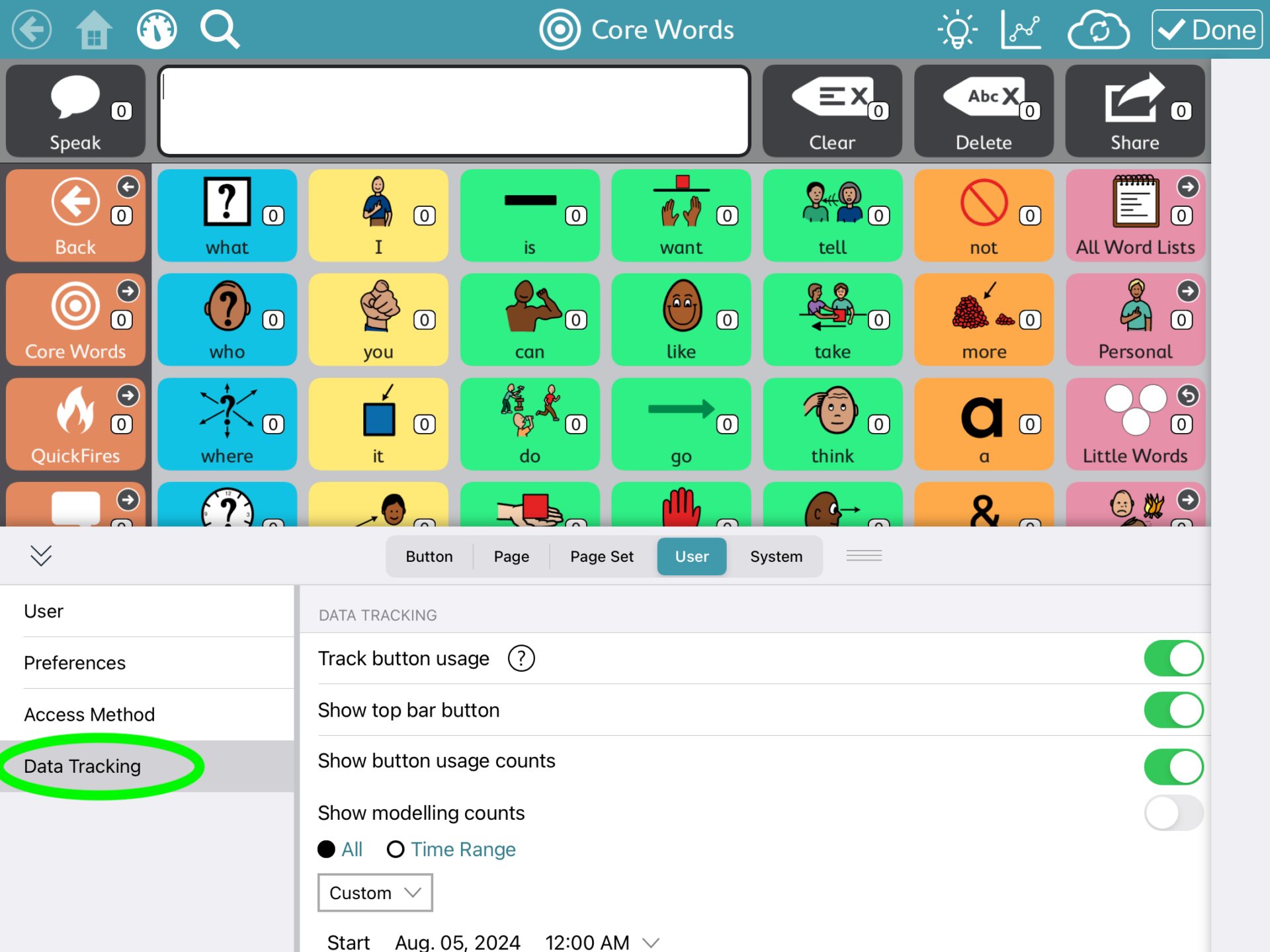 Screenshot of TD Snap communication app with the Core page set and the settings window displayed.