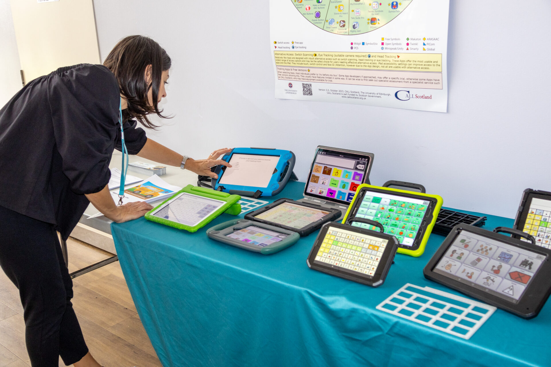 A range of communication devices laid out on a table.