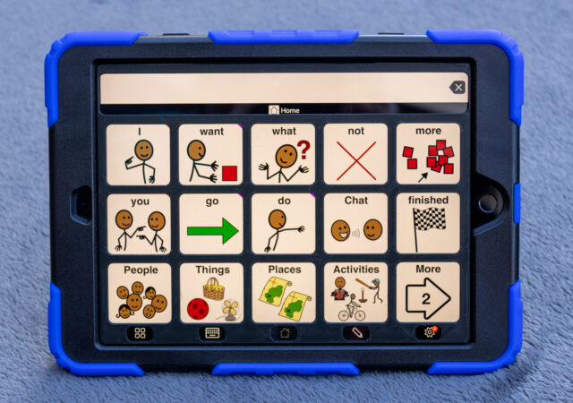 An iPad displaying Proloquo2go 3 by 5 page set with a 3D printed keyguard.