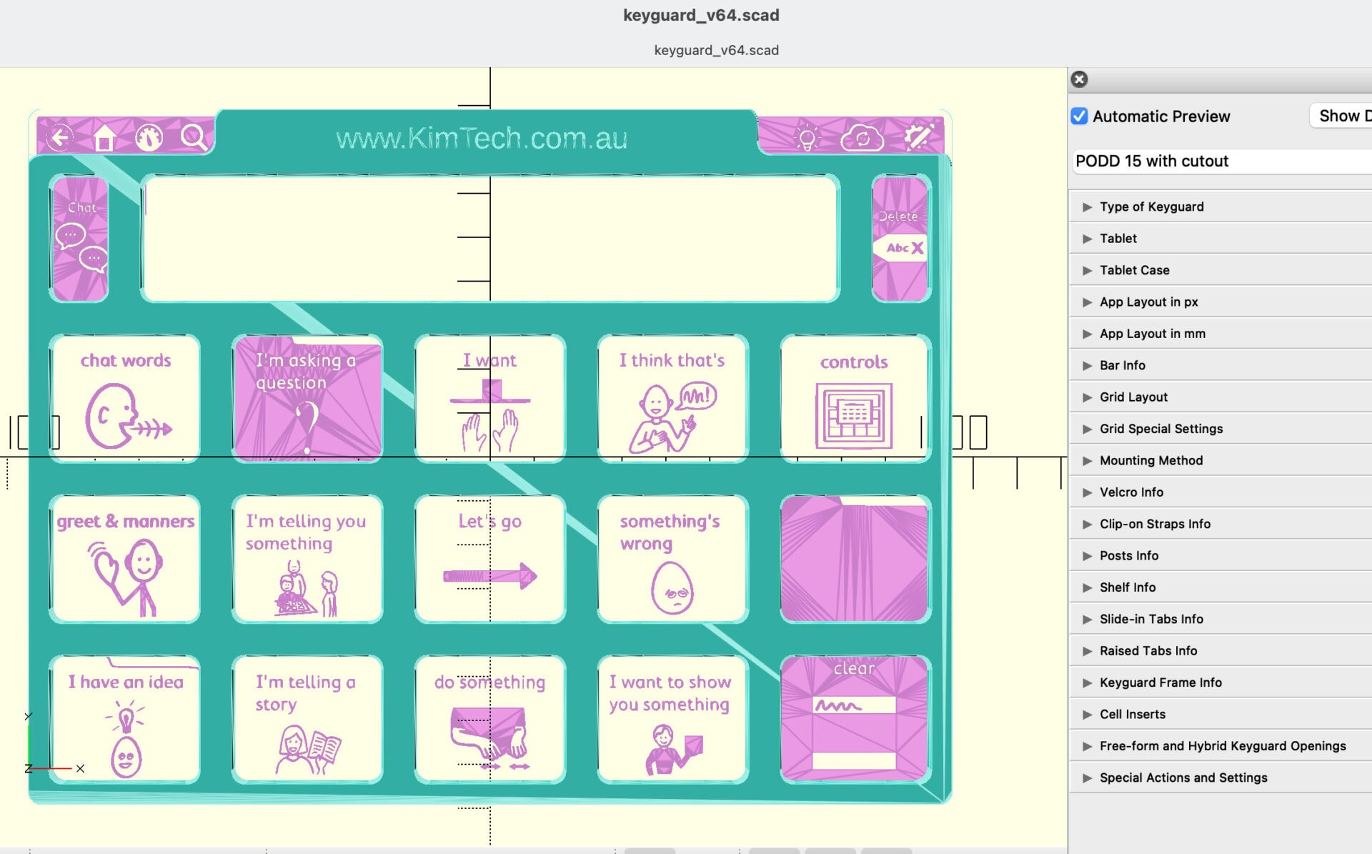 A screenshot of a keyguard being designed in OpenSCAD software.