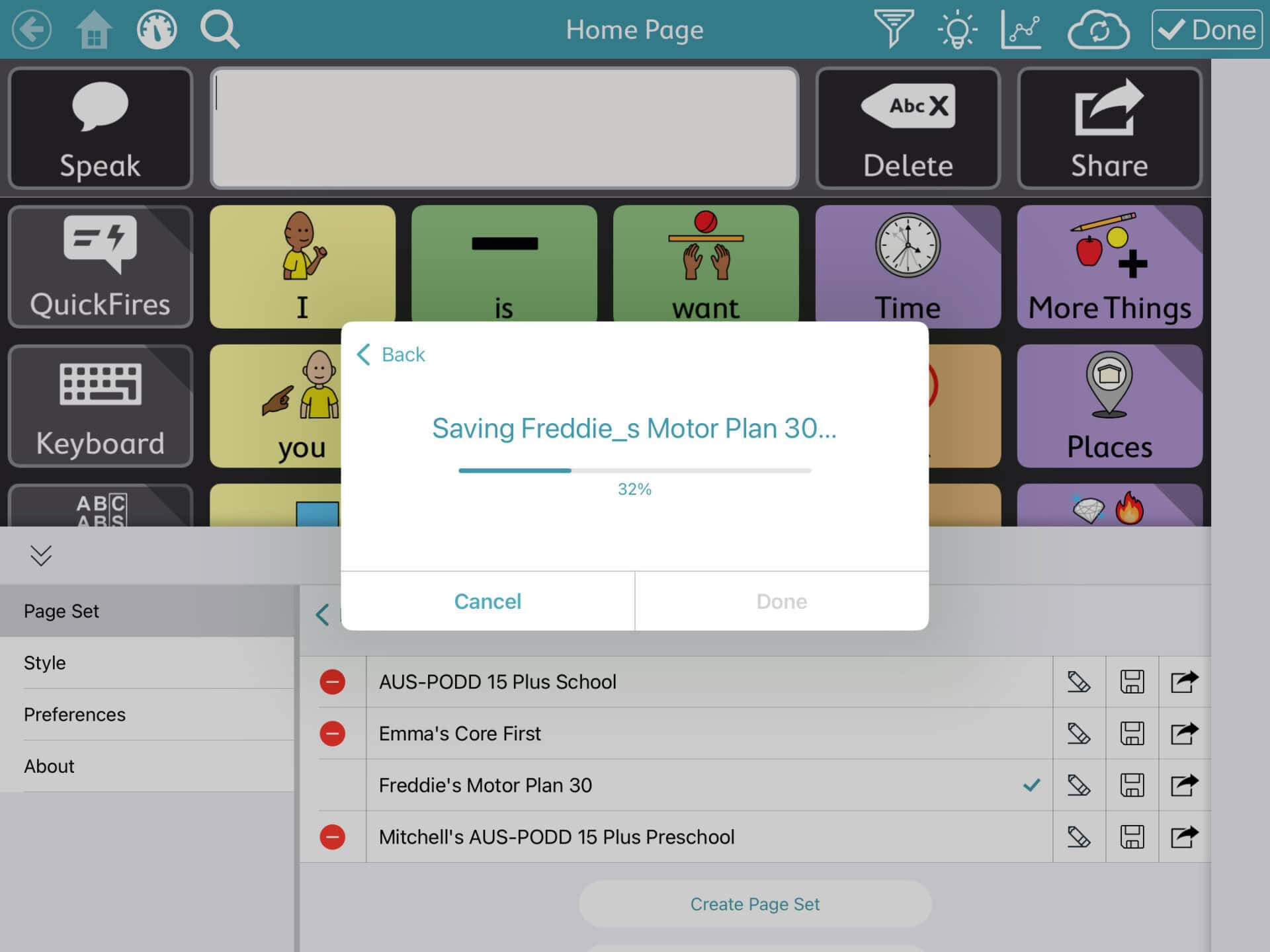 A screen shot of the Motor Plan 30 page set in the TD Snap app displayed on an iPad. A progress indicator is displayed with the percentage of the page set saved.