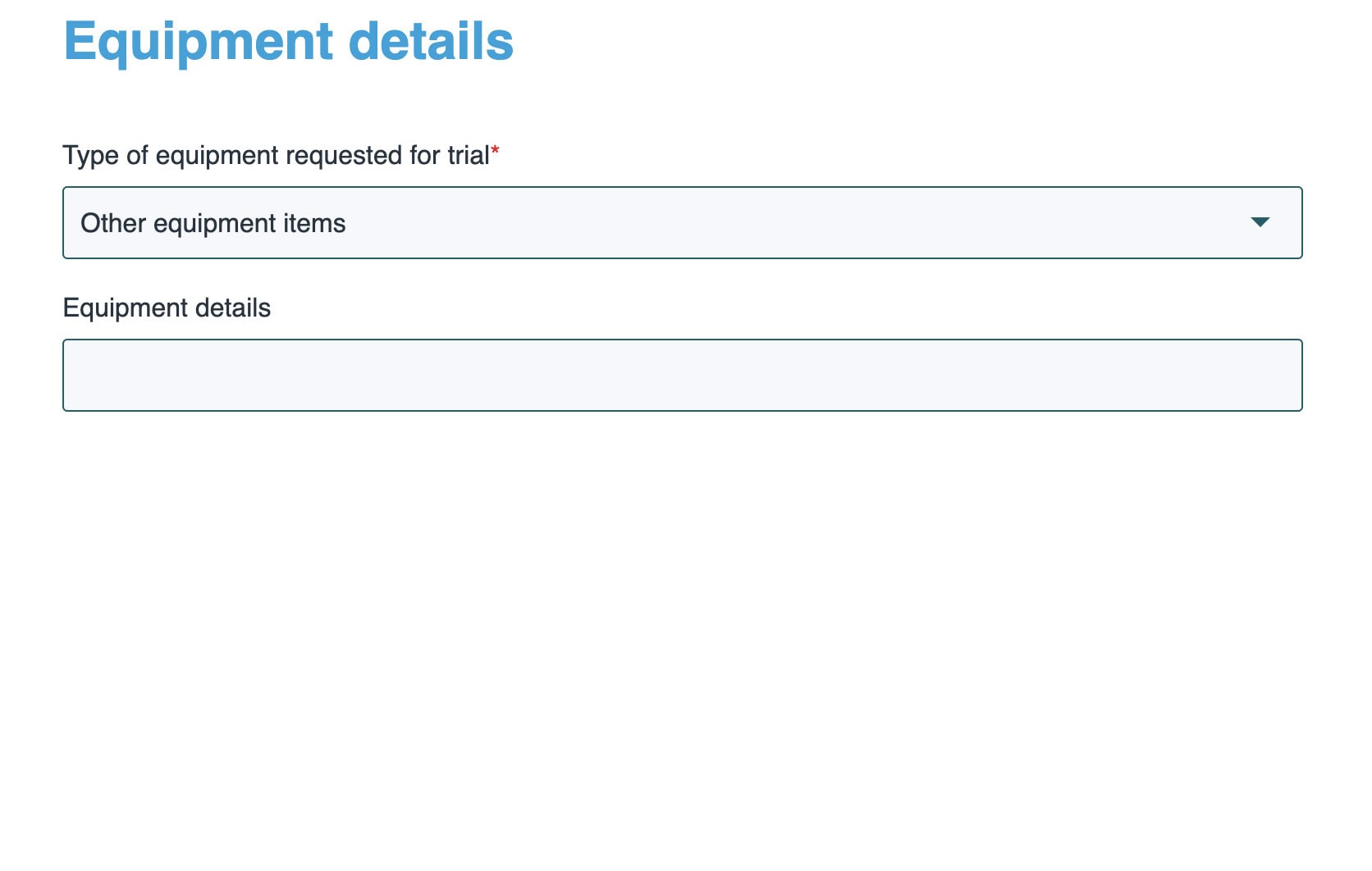 A section of the KimTech equipment hire request form showing the equipment requested fields for non iPad hire requests.