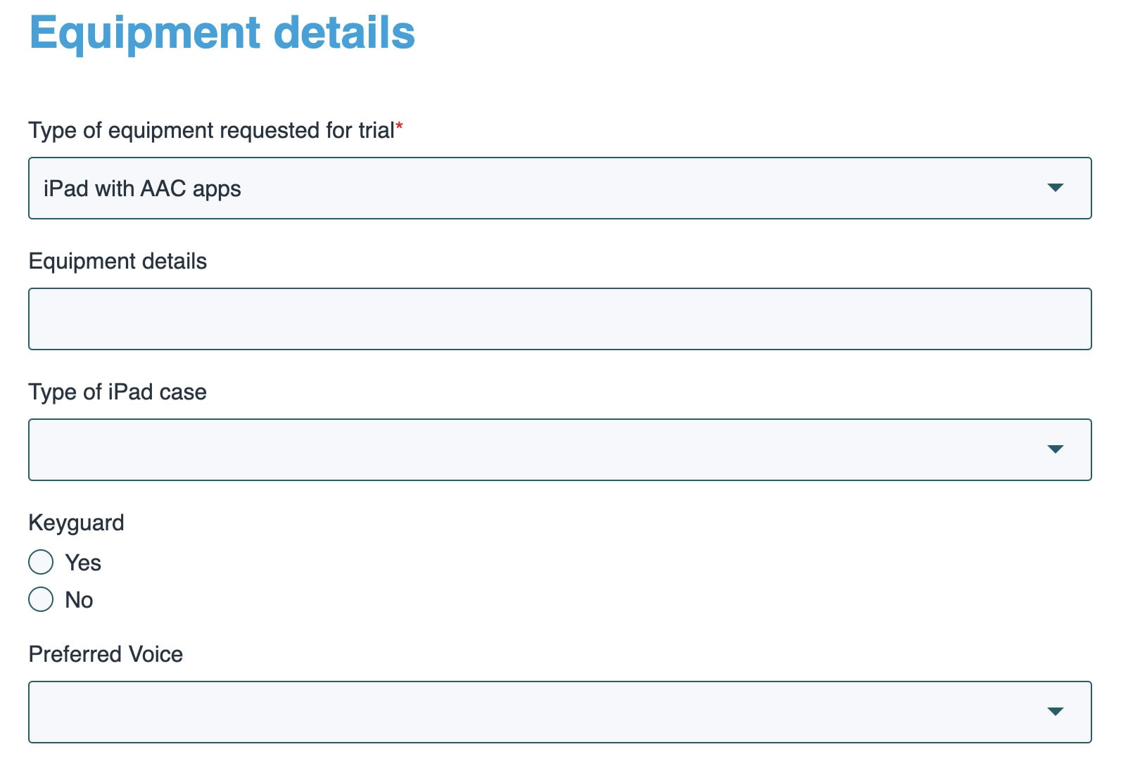 A section of the KimTech equipment hire request form showing the equipment requested fields for iPad hire requests.