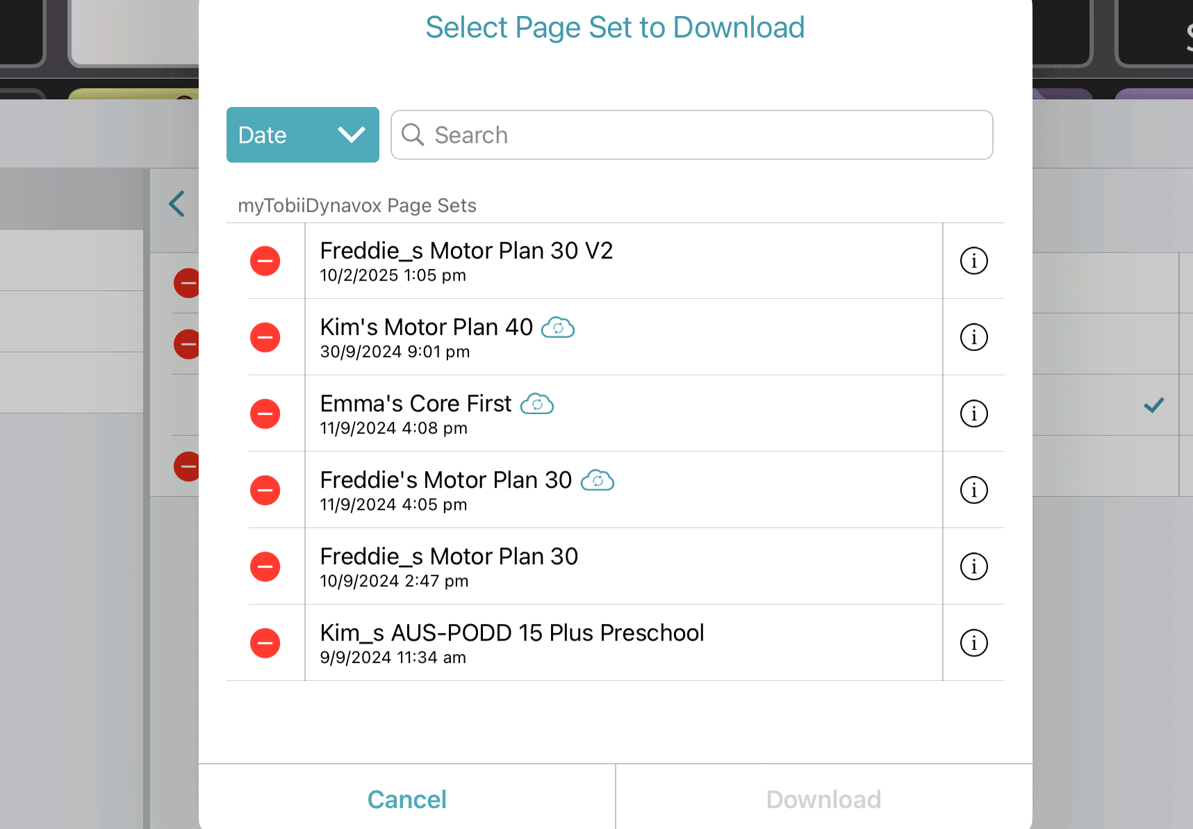 A screen shot of the Motor Plan 30 page set in the TD Snap app displayed on an iPad. The pageset settings pop up box is displayed showing the list of pagesets available to use.