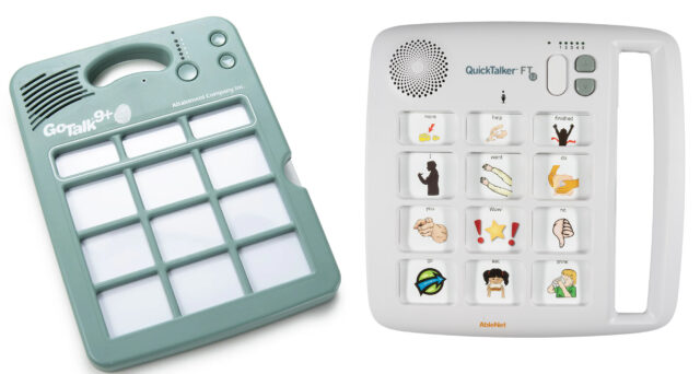 GoTalk9 GoTalk 9+ Lite Touch and a QuickTalker FeatherTouch 12 communication device