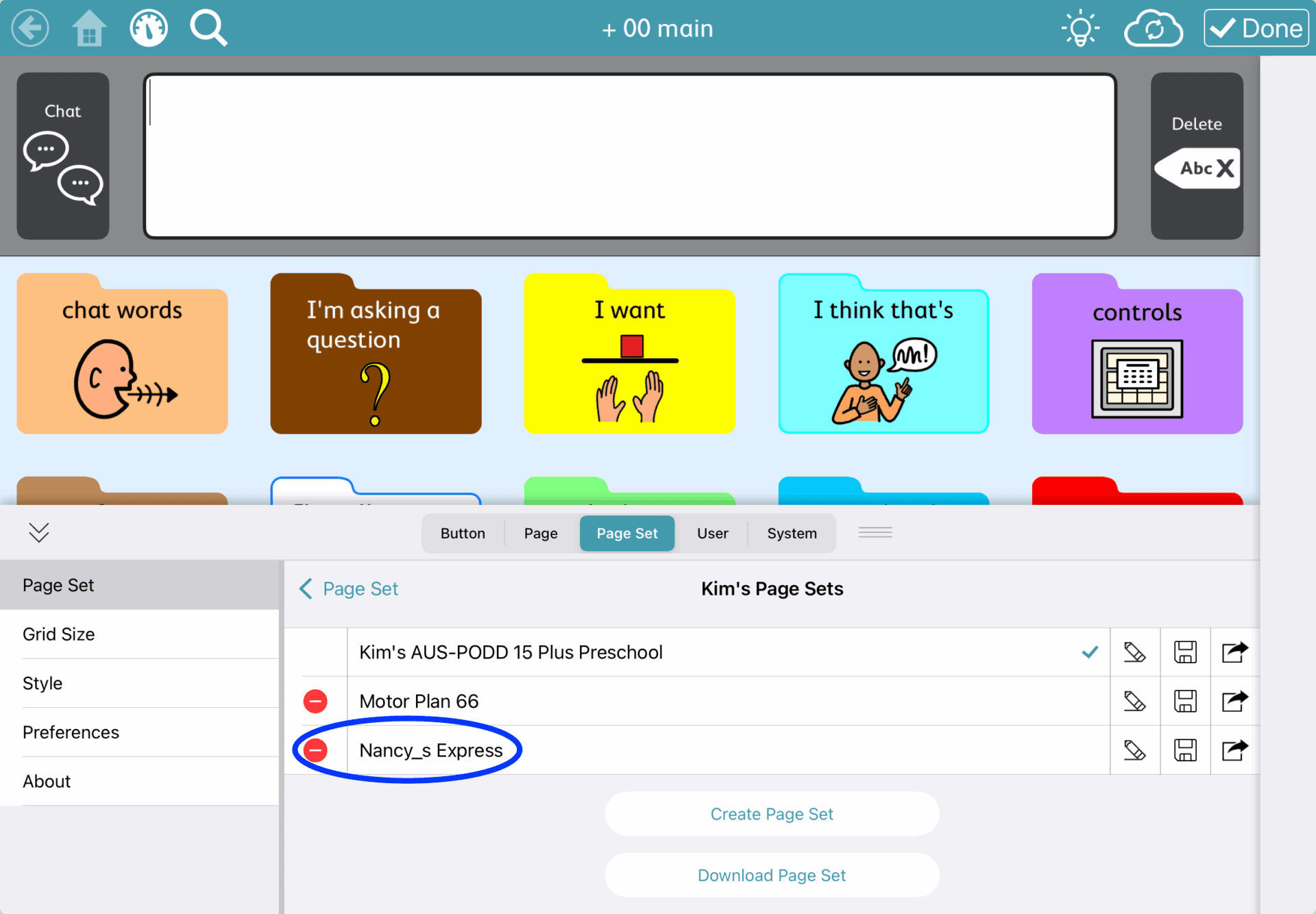 Screenshot of an AAC app showing the home communication grid at the top and the “Kim’s Page Sets” list below, with “Nancy_s Express” circled to indicate the selected page set.