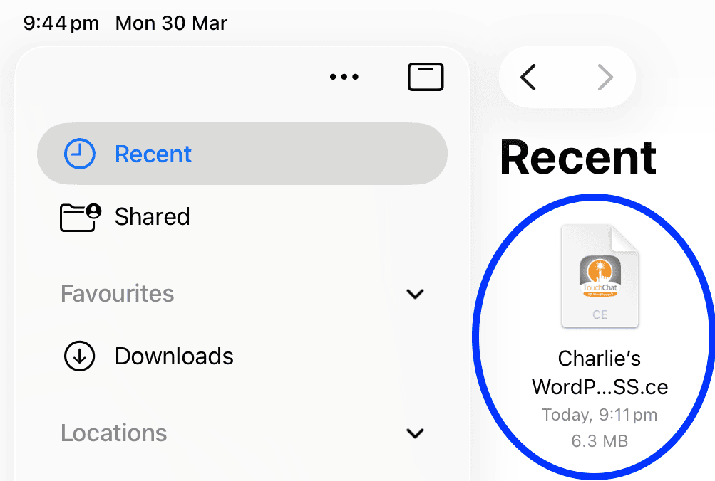 Screenshot of the Files app on an iPad showing the Recent folder with a TouchChat vocabulary file (.ce) highlighted, ready to be opened or imported.