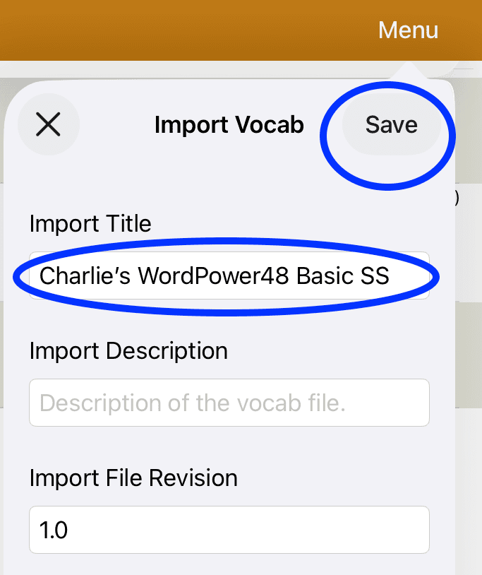 Screenshot of the Files app on an iPad showing the Recent folder with a TouchChat vocabulary file (.ce) highlighted, ready to be opened or imported.