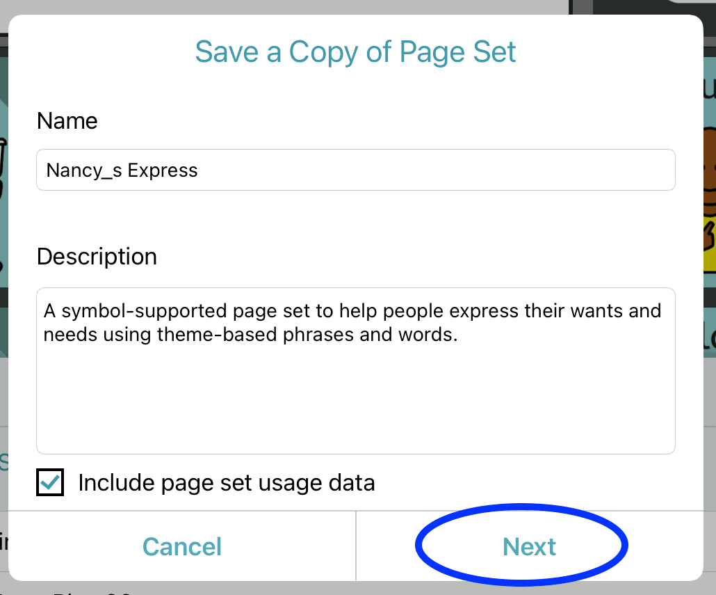 Screenshot of “Save a Copy of Page Set” screen with name and description fields filled and the “Next” button highlighted.