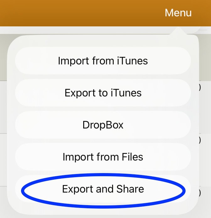 Screenshot of TouchChat menu with options including Import from iTunes, Export to iTunes, and Dropbox, with “Export and Share” highlighted.