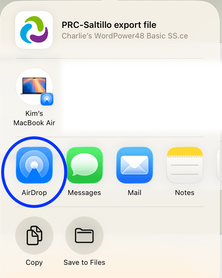 Screenshot of iPad share screen displaying a PRC-Saltillo export file with AirDrop highlighted as the selected sharing option.