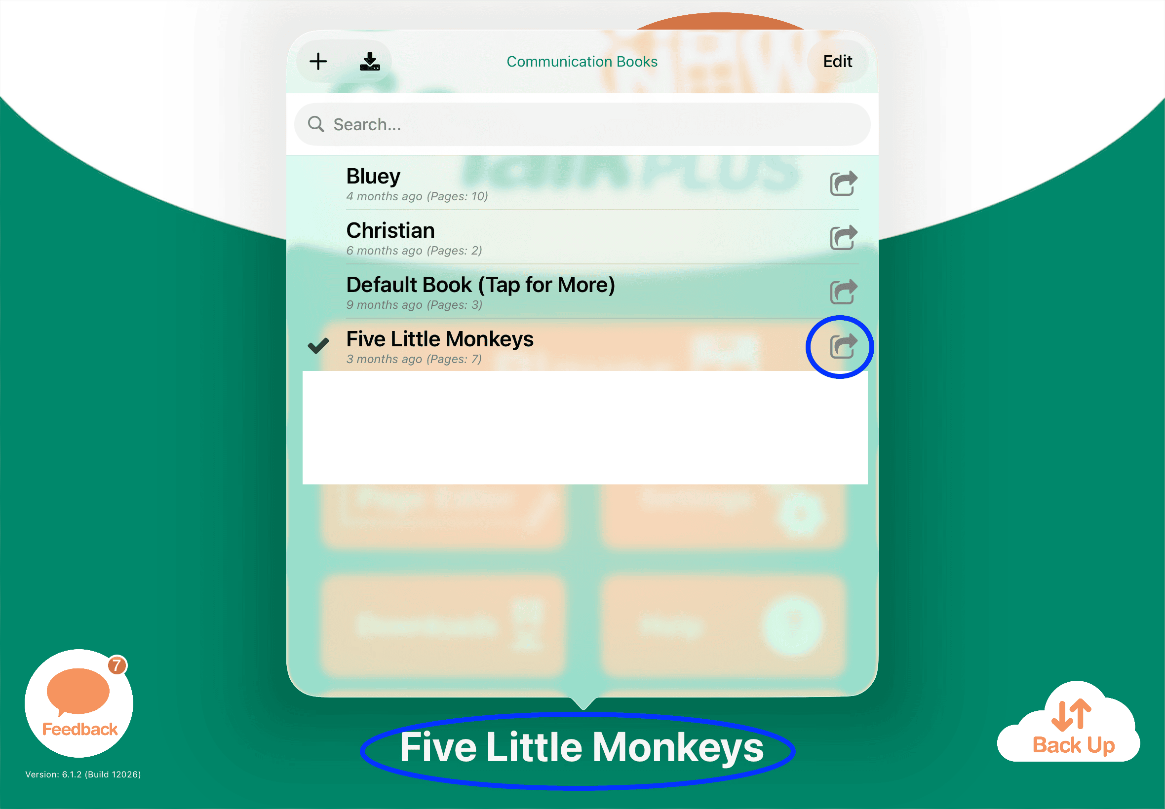 Screenshot of Communication Books list with “Five Little Monkeys” selected and the share icon highlighted on the right.