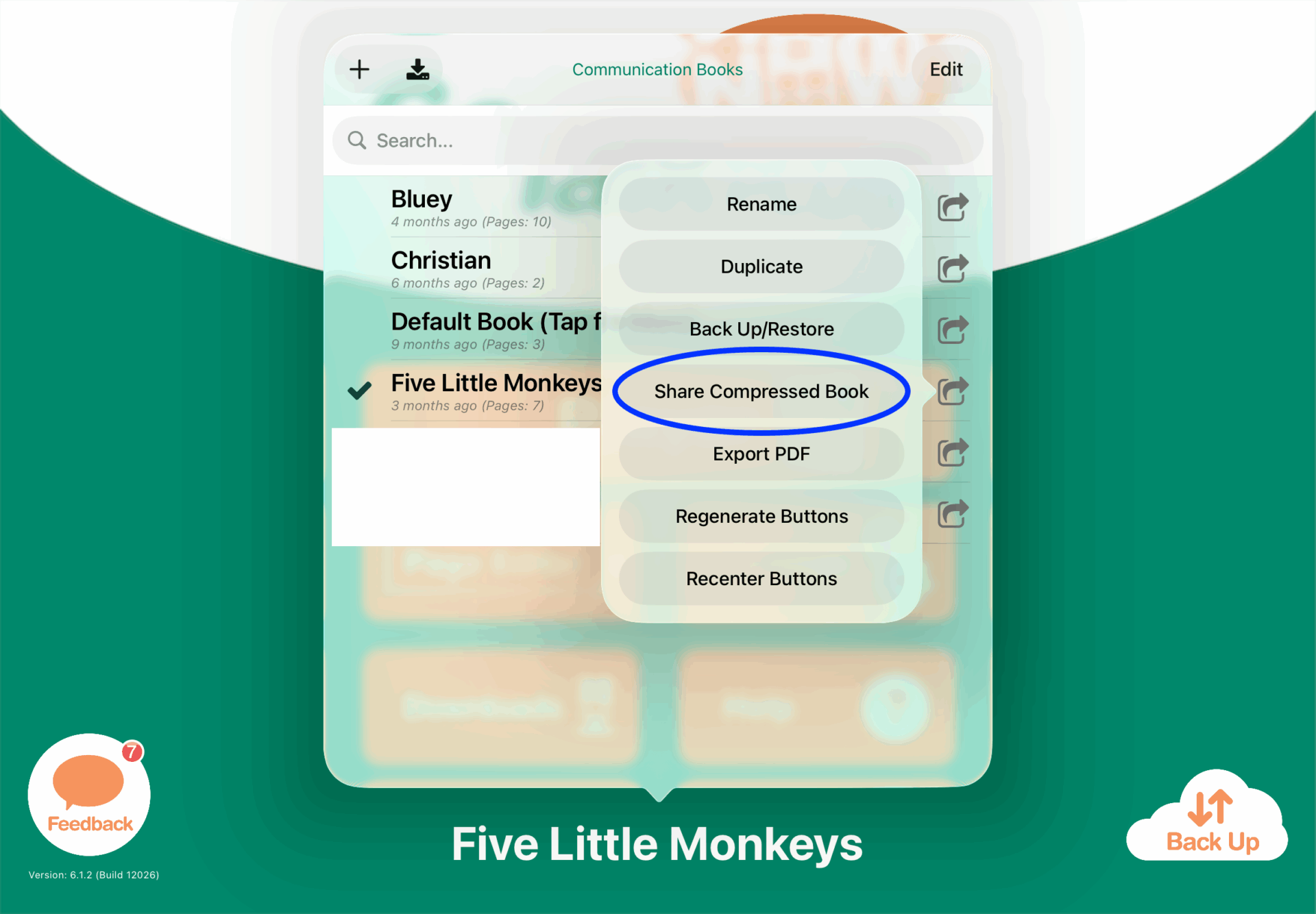 Screenshot of Communication Books menu with options including Rename, Duplicate, and Back Up/Restore, with “Share Compressed Book” highlighted.