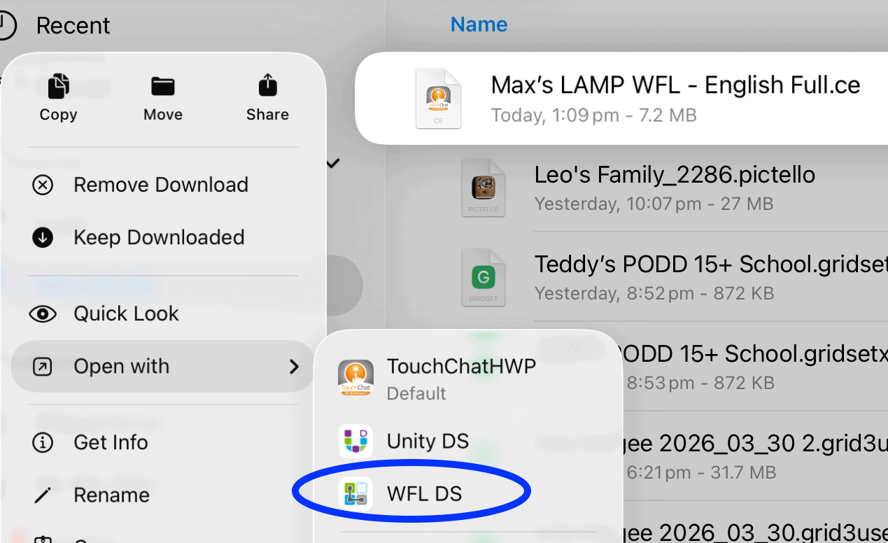 Screenshot of iPad Files app with a TouchChat backup file selected, showing the “Open with” menu with options including TouchChatWP and WFL DS, with WFL DS highlighted.