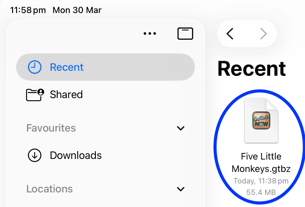 Screenshot of iPad file browser with “Recent” selected and a file named “Five Little Monkeys.gtbz” highlighted, showing file size and time saved.