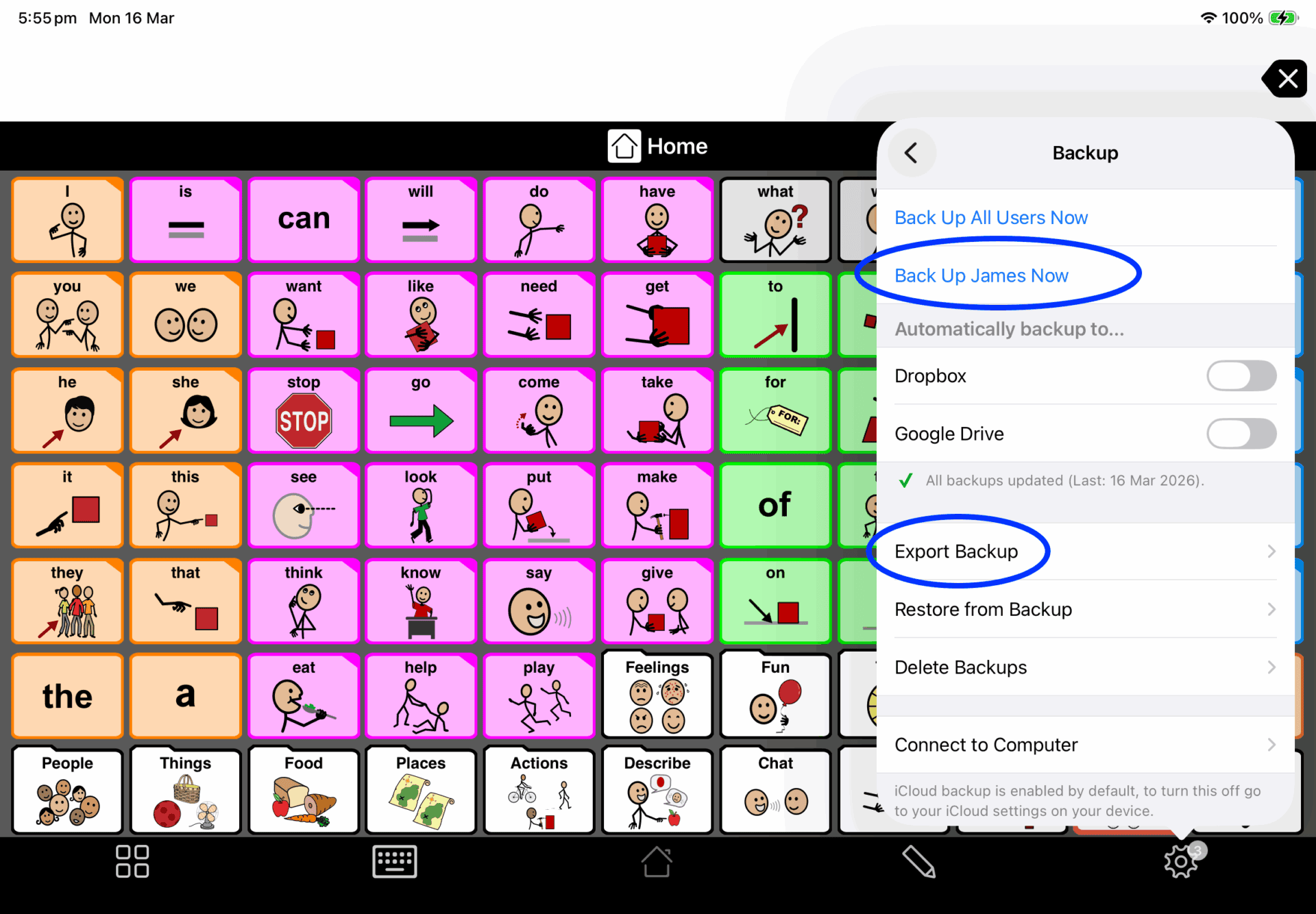 Screenshot of the backup menu within the Proloquo2go app
