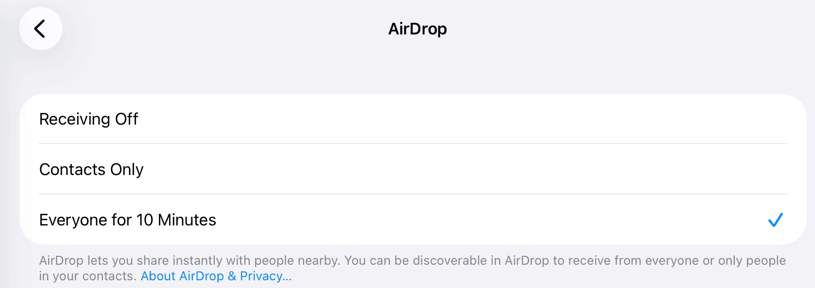 Screenshot of iPad AirDrop settings with options “Receiving Off,” “Contacts Only,” and “Everyone for 10 Minutes,” with “Everyone for 10 Minutes” selected.