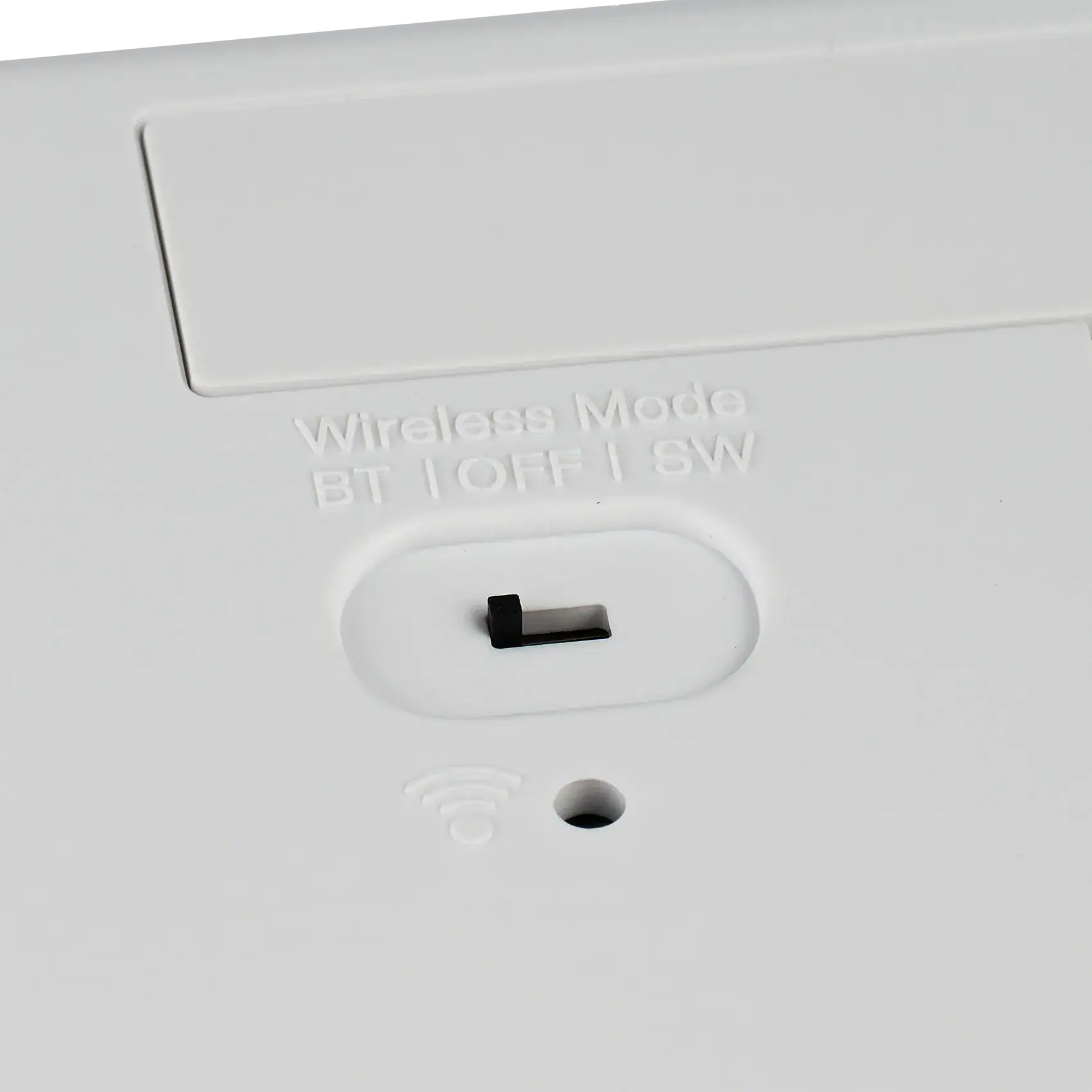 Back view of keyboard showing Bluetooth, off and switch mode