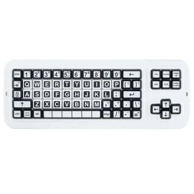 A keyboard with high contrast black and white keys which are 40% larger than a regular keyboard.