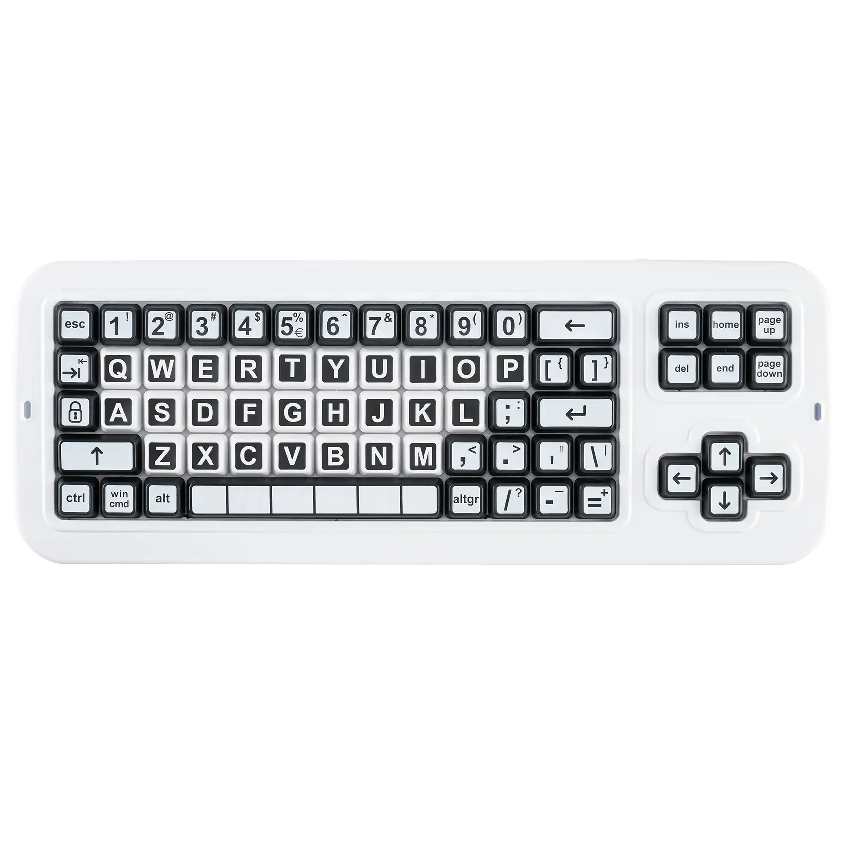A keyboard with high contrast black and white keys which are 40% larger than a regular keyboard.