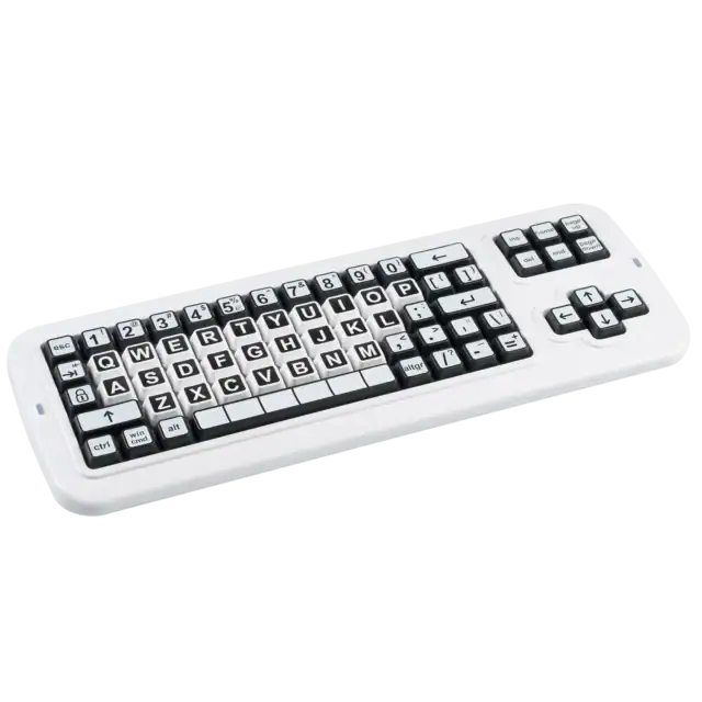 A keyboard with high contrast black and white keys which are 40% larger than a regular keyboard.