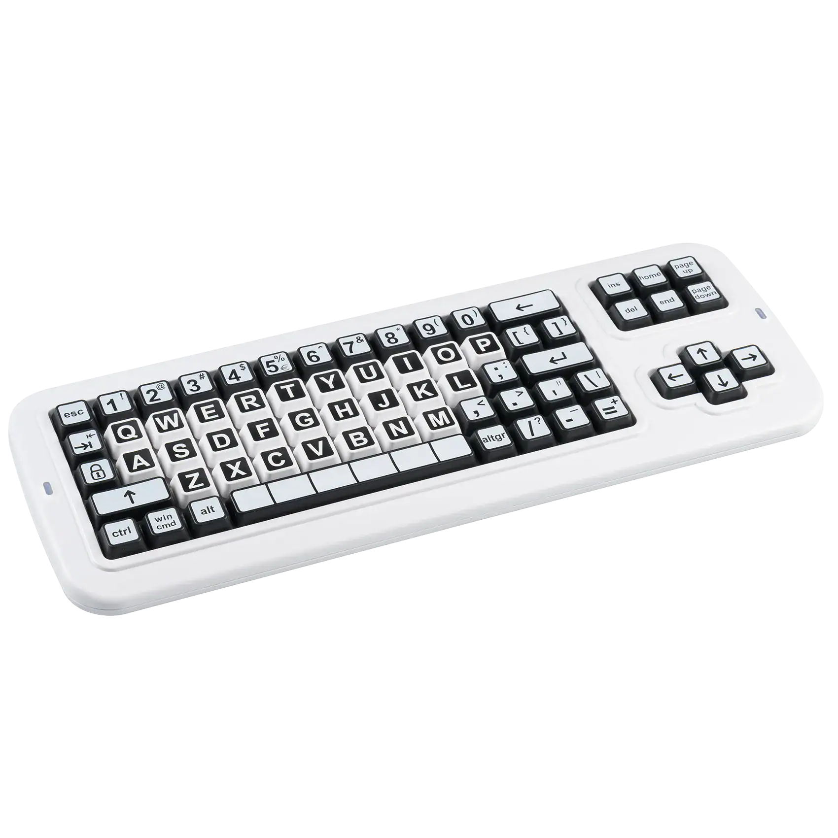 A keyboard with high contrast black and white keys which are 40% larger than a regular keyboard.