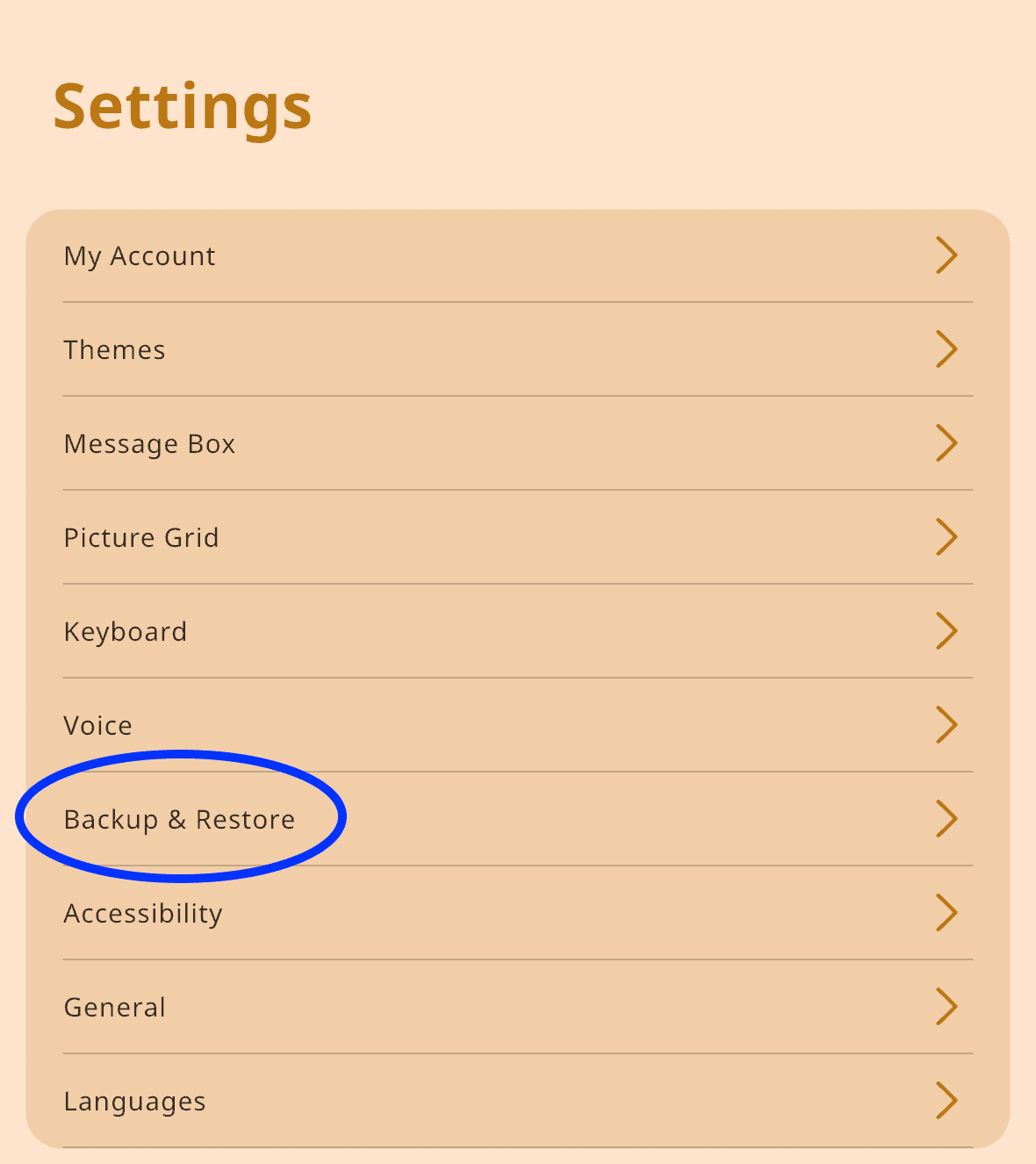 Screenshot of Settings menu with options including My Account, Themes, and Voice, with “Backup & Restore” highlighted.