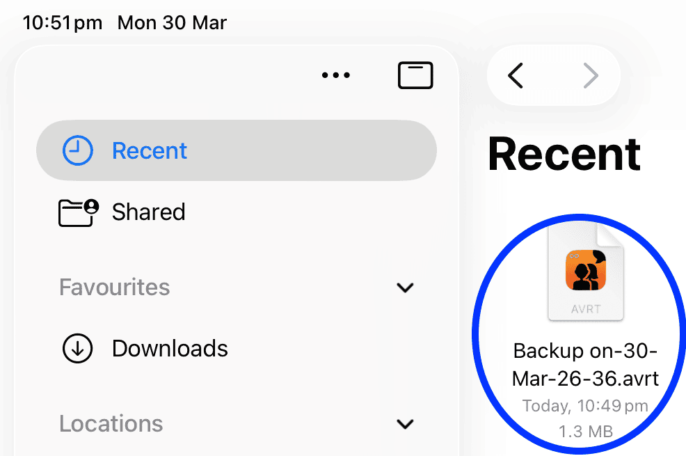 Screenshot of iPad file browser with “Recent” selected and a file named “Backup on-30-Mar-26-36.avrt” highlighted.
