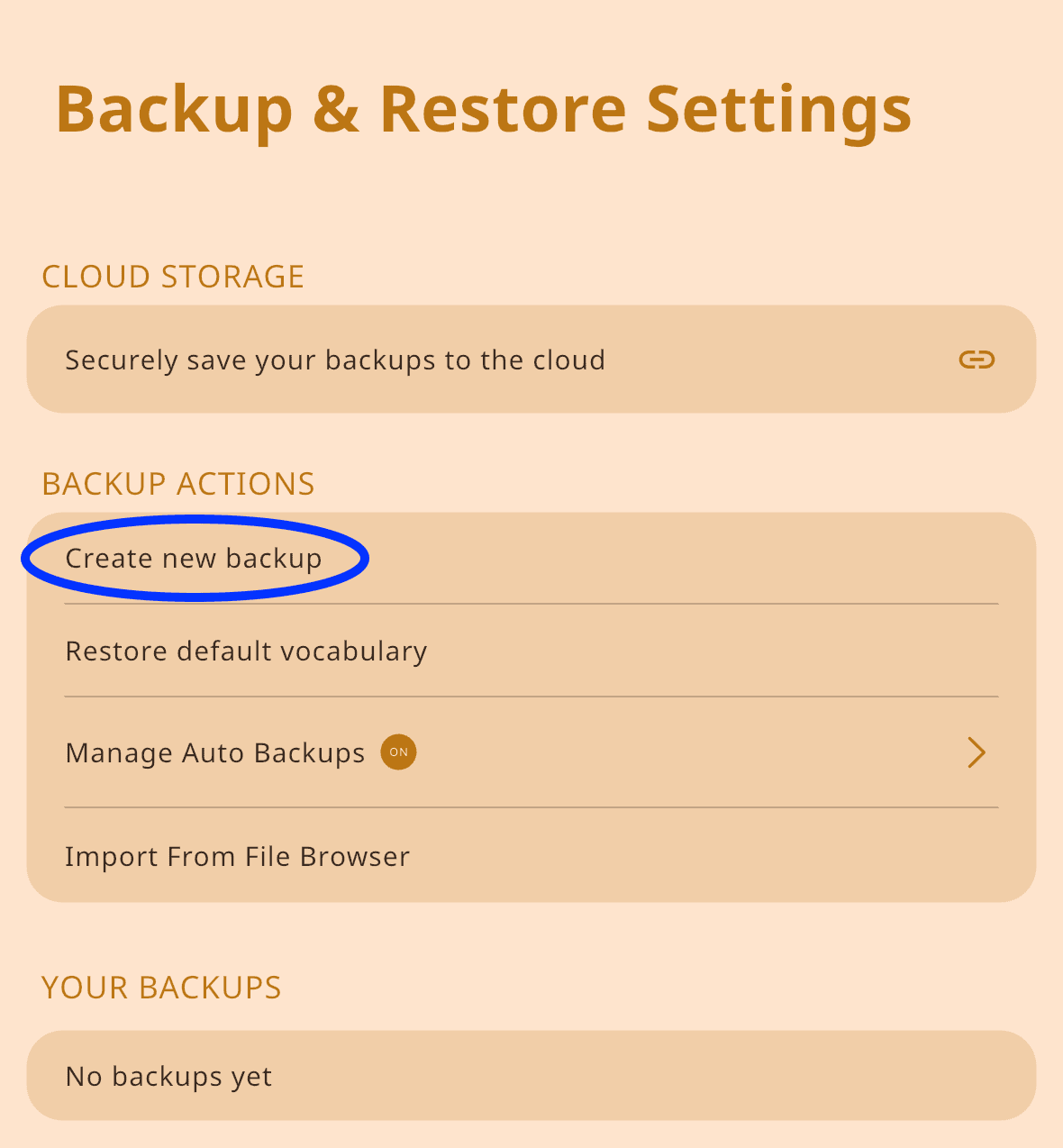 Screenshot of Backup & Restore Settings with “Create new backup” highlighted under Backup Actions.