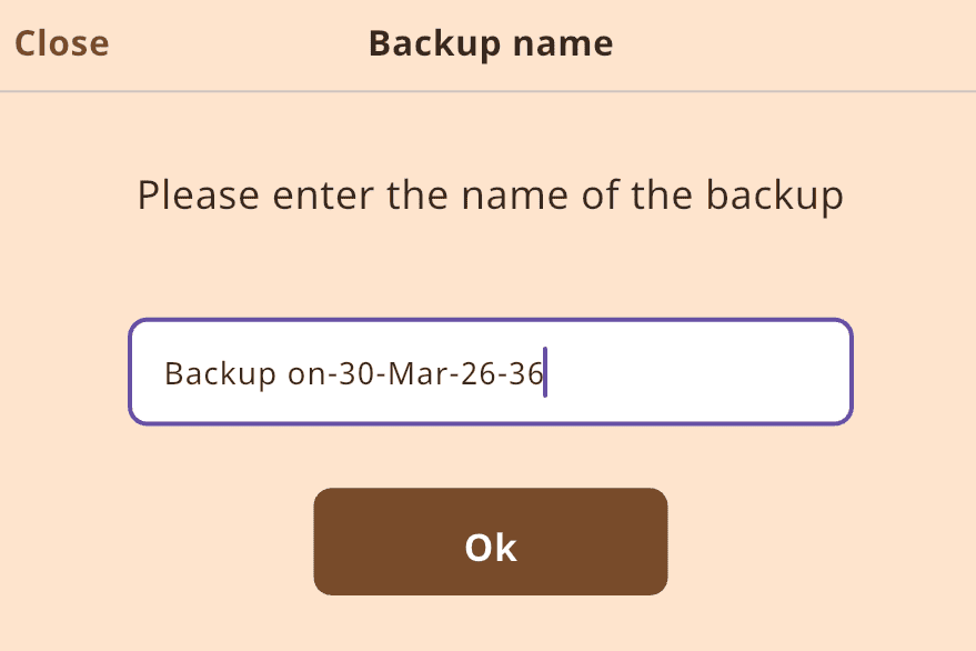 Screenshot of “Backup name” screen prompting the user to enter a name, with a text field containing “Backup on-30-Mar-26-36” and an OK button below.