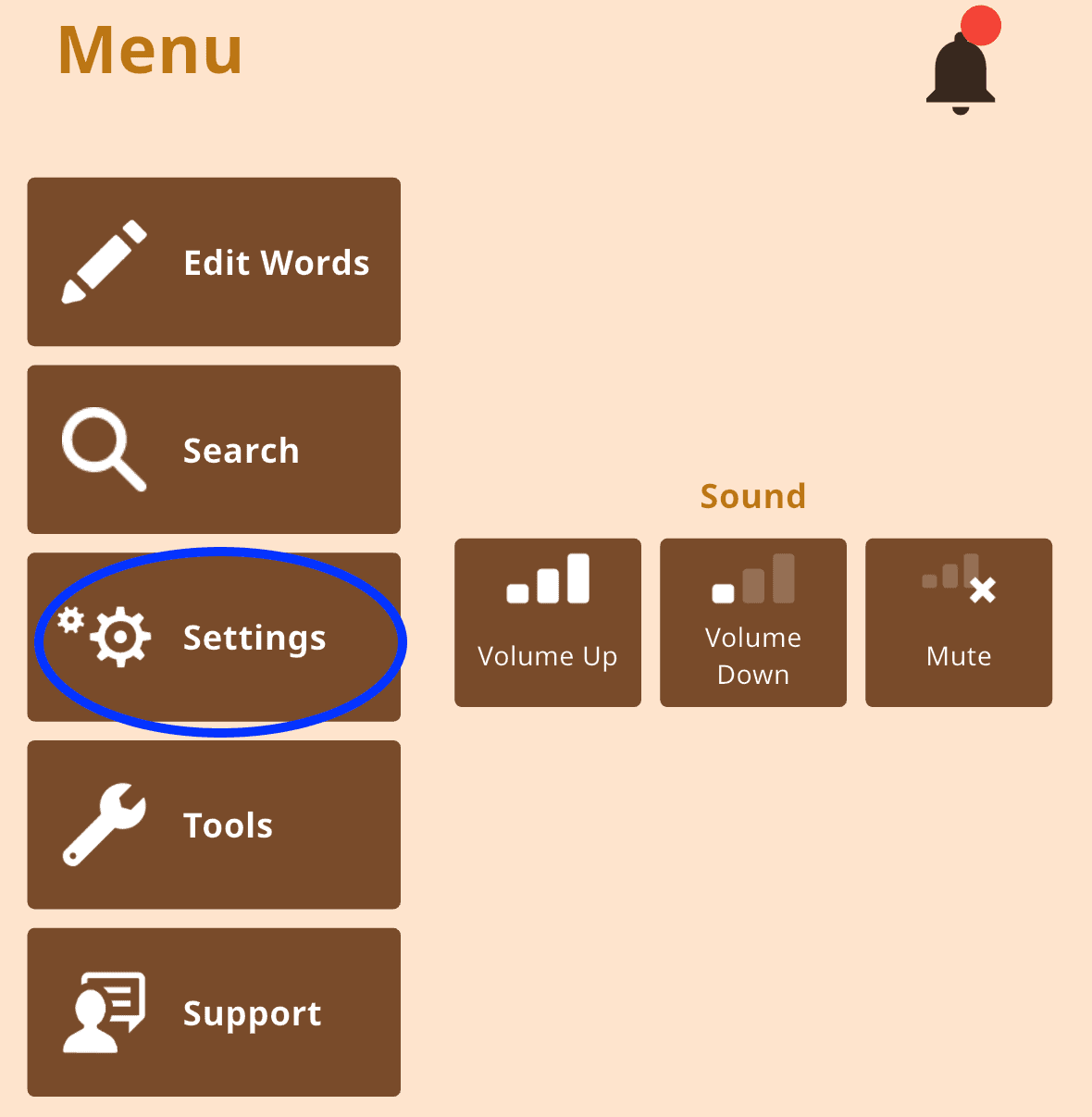 Screenshot of app menu with options including Edit Words, Search, and Tools, with “Settings” highlighted.