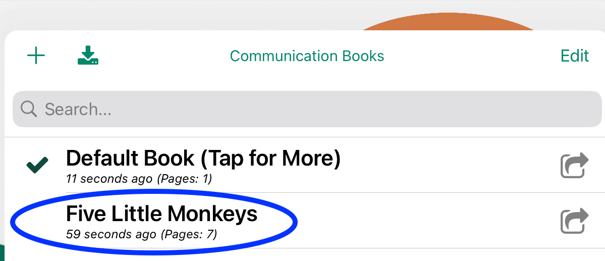 Screenshot of Communication Books list with “Five Little Monkeys” highlighted below “Default Book (Tap for More)”.