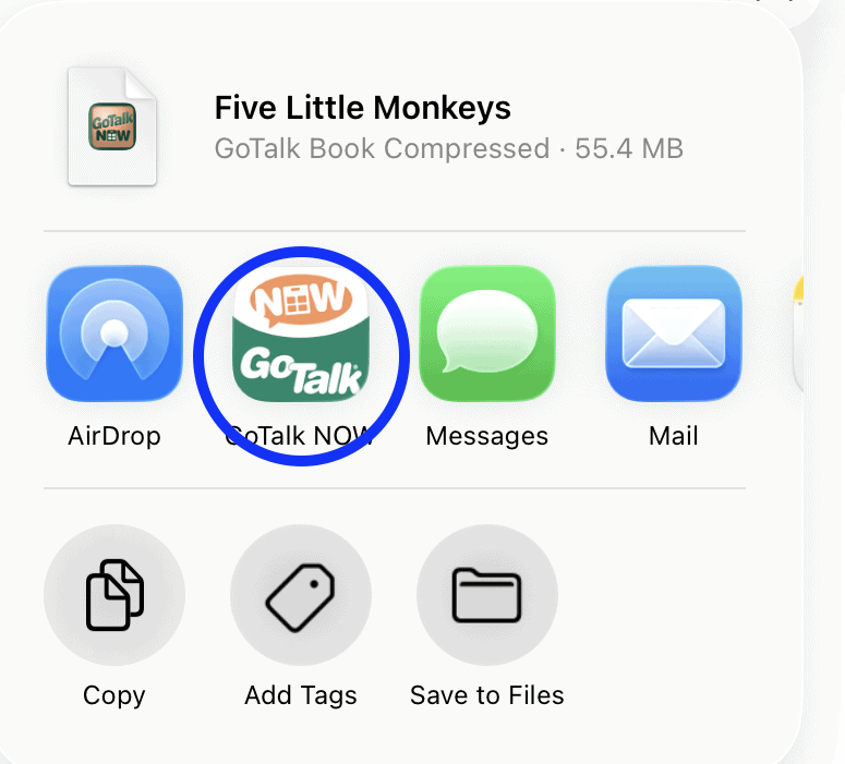 Screenshot of iPad share menu with GoTalk Now highlighted alongside options like AirDrop, Messages, and Mail.