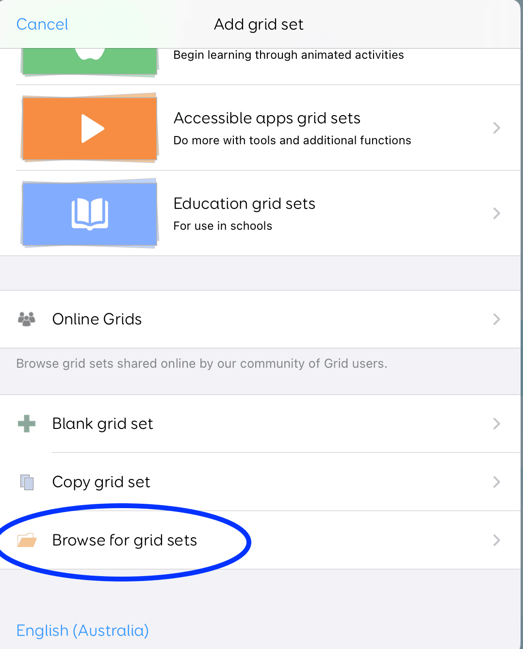 Screenshot of Grid for iPad showing the Add grid set menu with options such as Accessible apps grid sets, Education grid sets, Online Grids, Blank grid set, and Copy grid set, with “Browse for grid sets” highlighted at the bottom.