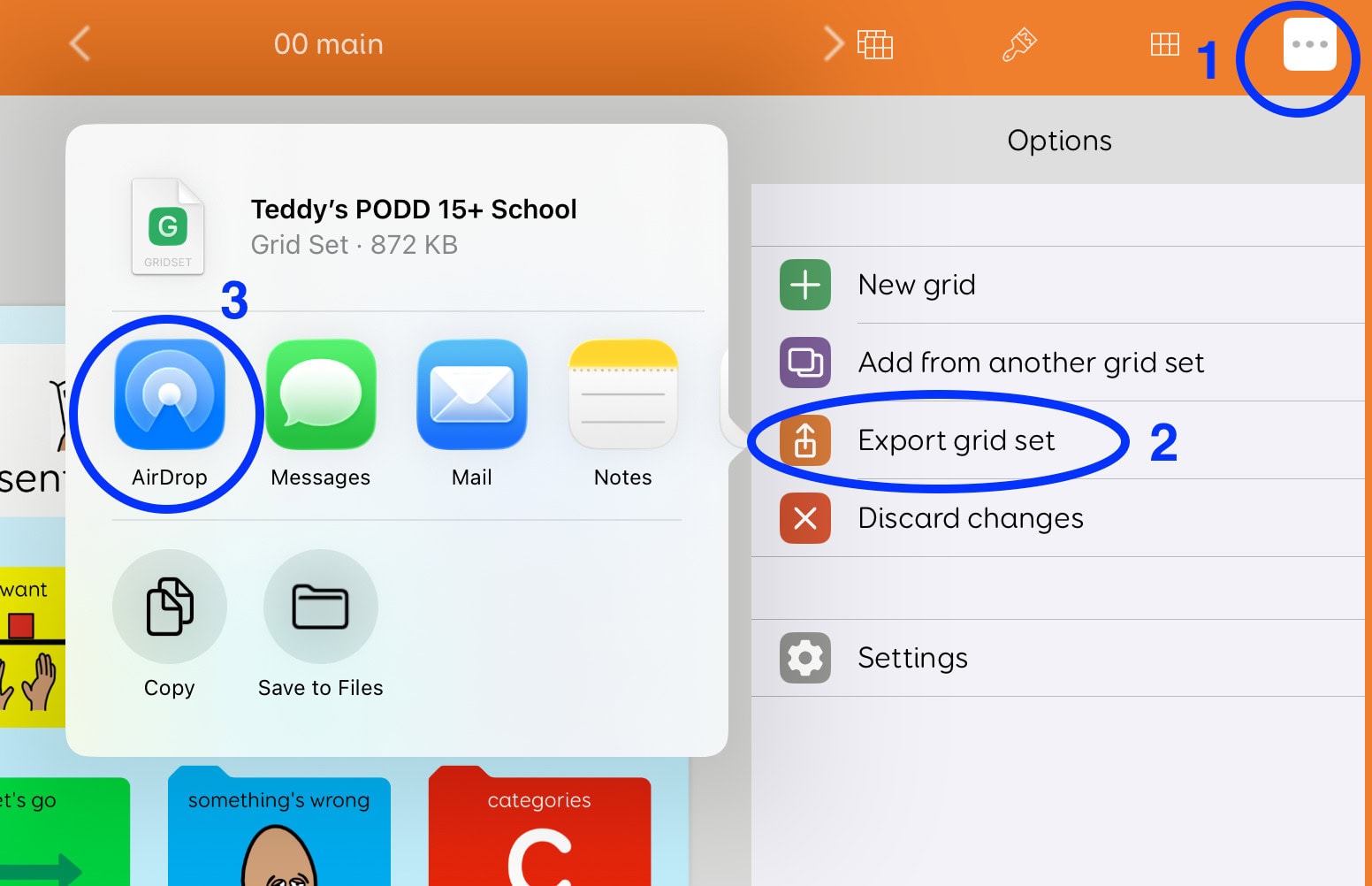 Screenshot of Grid for iPad showing the steps to export a grid set: the three-dot options menu is selected, “Export grid set” is highlighted, and the share screen displays AirDrop as the selected transfer option.