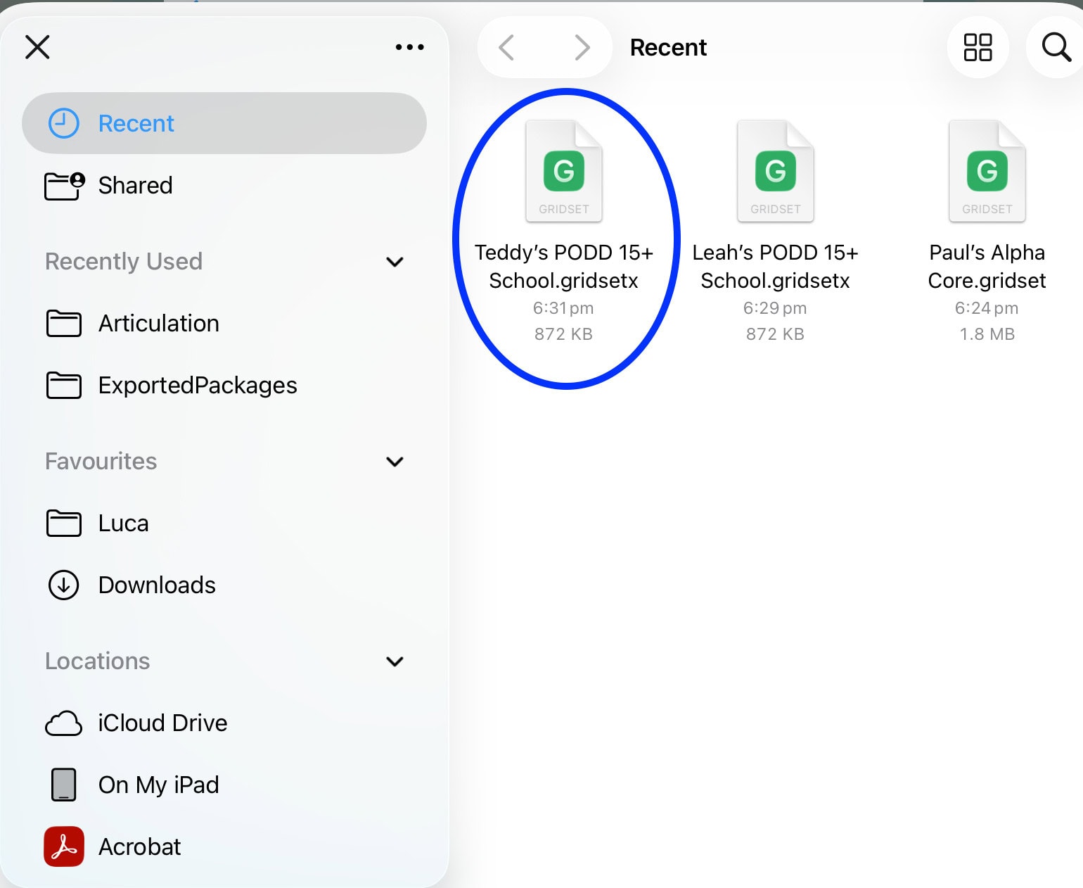 Screenshot of the Files app on an iPad showing the Recent folder with a Grid for iPad page set file (.gridsetx) highlighted, including folders such as Downloads and ExportedPackages visible in the sidebar.