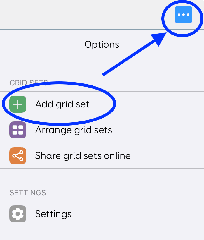 Screenshot of Grid for iPad Options screen with a blue arrow pointing to the three-dot menu icon and “Add grid set” highlighted, indicating where to add a new grid set.