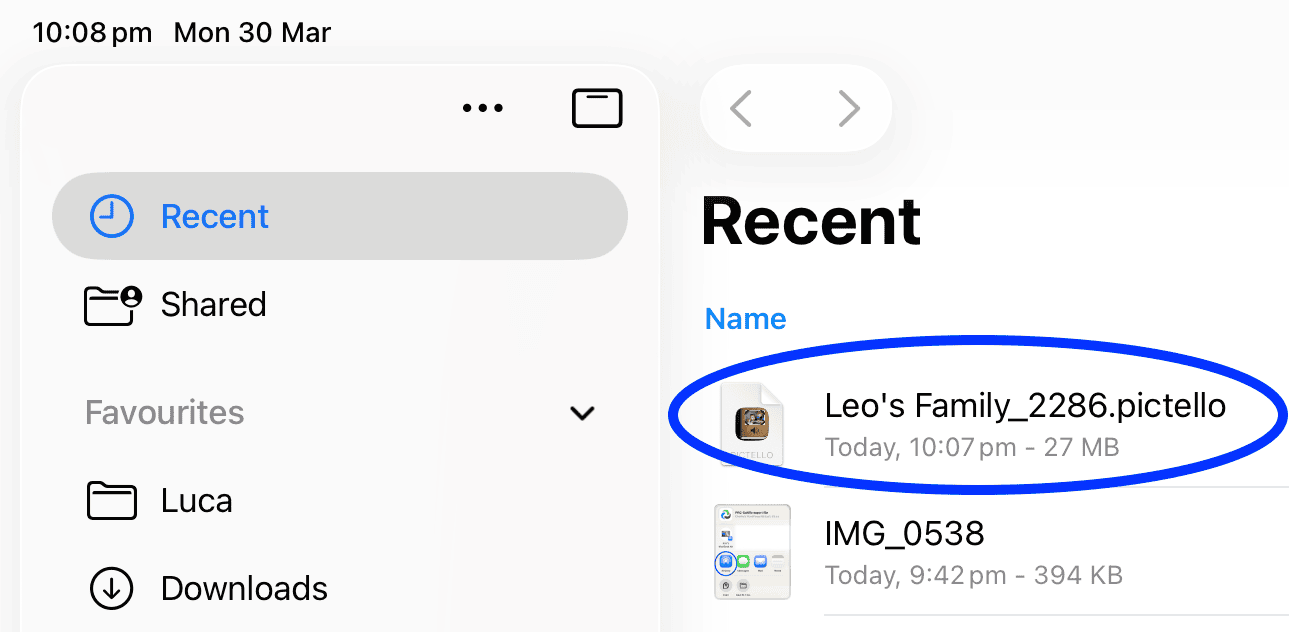 Screenshot of the Files app on an iPad showing the Recent folder with a Pictello file “Leo’s Family_2286.pictello” highlighted.