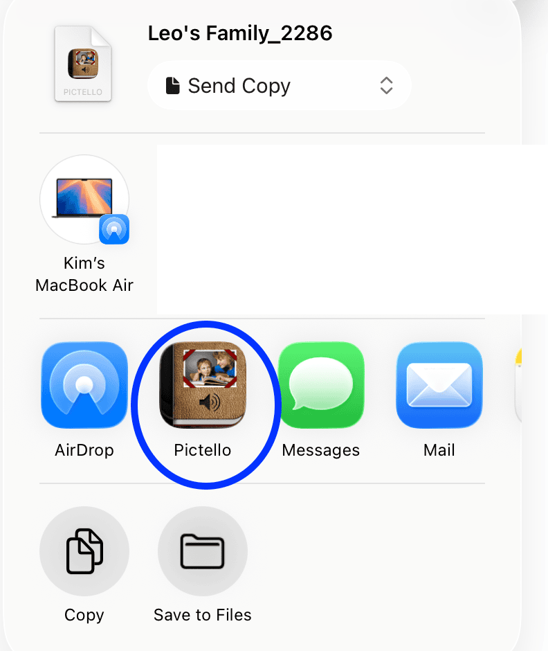Screenshot of iPad share screen displaying a Pictello file with the Pictello app icon highlighted, indicating selection to open the file in the app.