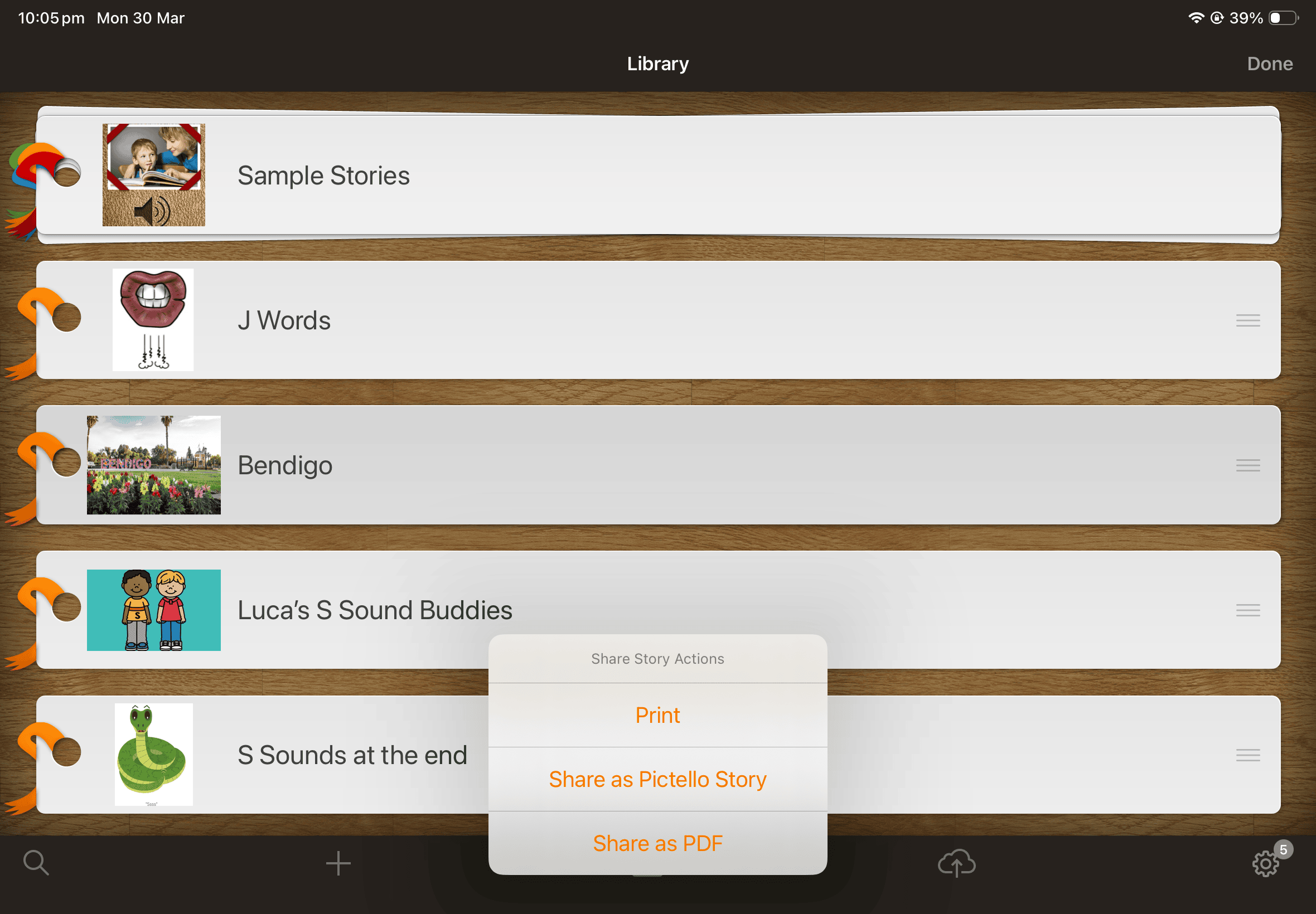 Screenshot of iPad share screen displaying a Pictello story file titled “Bendigo_2286” with AirDrop highlighted as the selected sharing option.