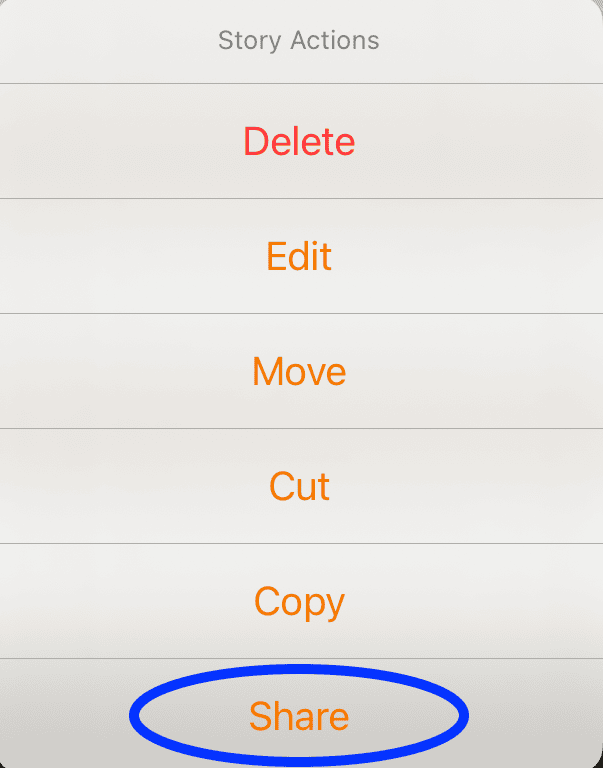 Screenshot of Pictello Story Actions menu with options including Delete, Edit, Move, Cut, Copy, and Share, with “Share” highlighted at the bottom.