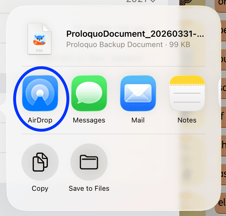 Screenshot of AirDrop AAC pagesets with AirDrop icon highlighted for sending a Proloquo backup file.