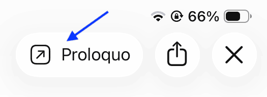 Screenshot of iPad share interface with “Proloquo” option highlighted, indicating how to open a backup file in the Proloquo app.