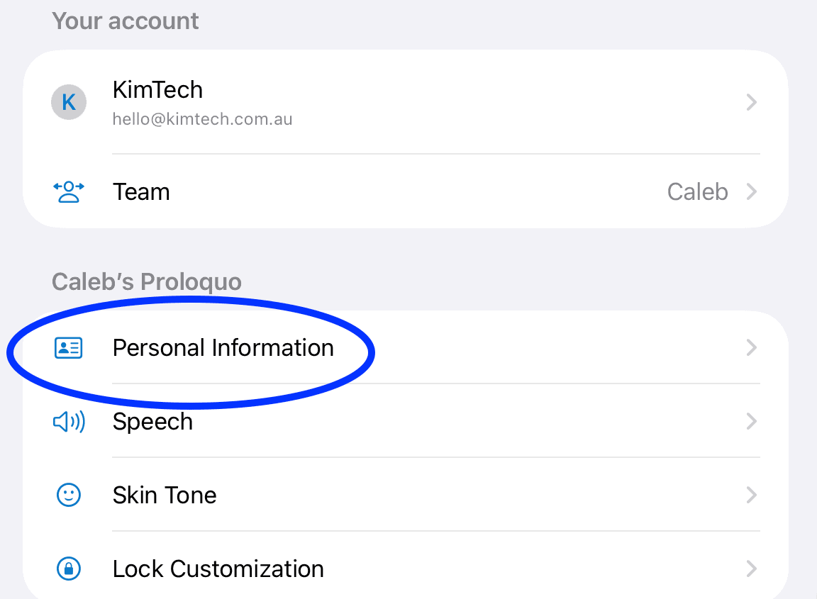 Screenshot of Proloquo settings with “Personal Information” highlighted under a user profile.