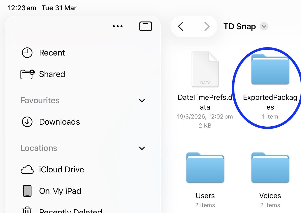 Screenshot of file browser within TD Snap showing a folder named “ExportedPackages” highlighted.