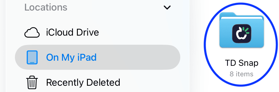 Screenshot of file browser with “On My iPad” selected and a folder named “TD Snap” highlighted.