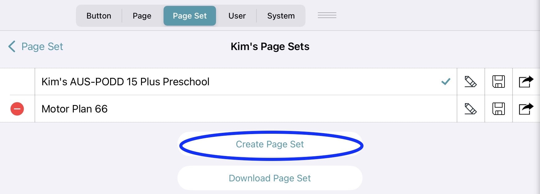 Screenshot of “Kim’s Page Sets” screen in an AAC app, with existing page sets listed and the “Create Page Set” button highlighted.
