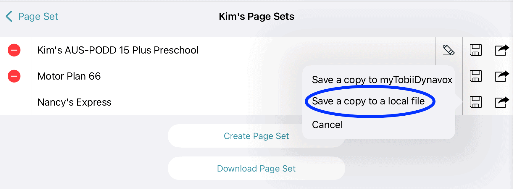 Screenshot of export menu with options including “Save a copy to myTobiiDynavox” and “Save a copy to a local file,” with the local file option highlighted.