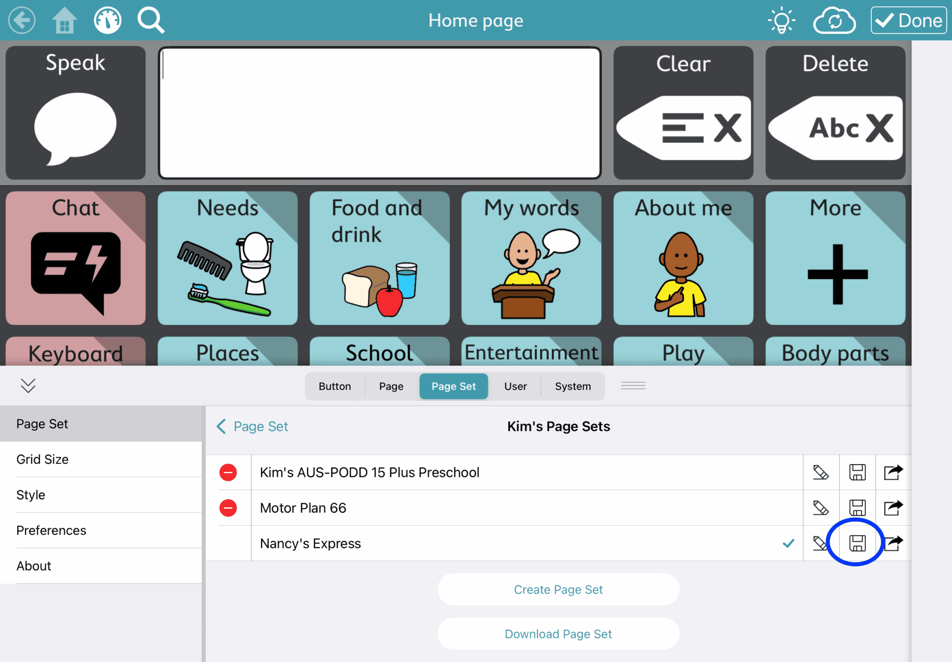 Screenshot of AAC app home page with grid of communication buttons and page set list below showing “Nancy’s Express” among available page sets with the Save icon circled.